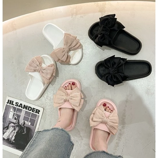 Dép nữ bánh mì, dép bánh mì đế cao đính nơ xinh cute chất liệu EVA siêu êm cao 4cm hack chân