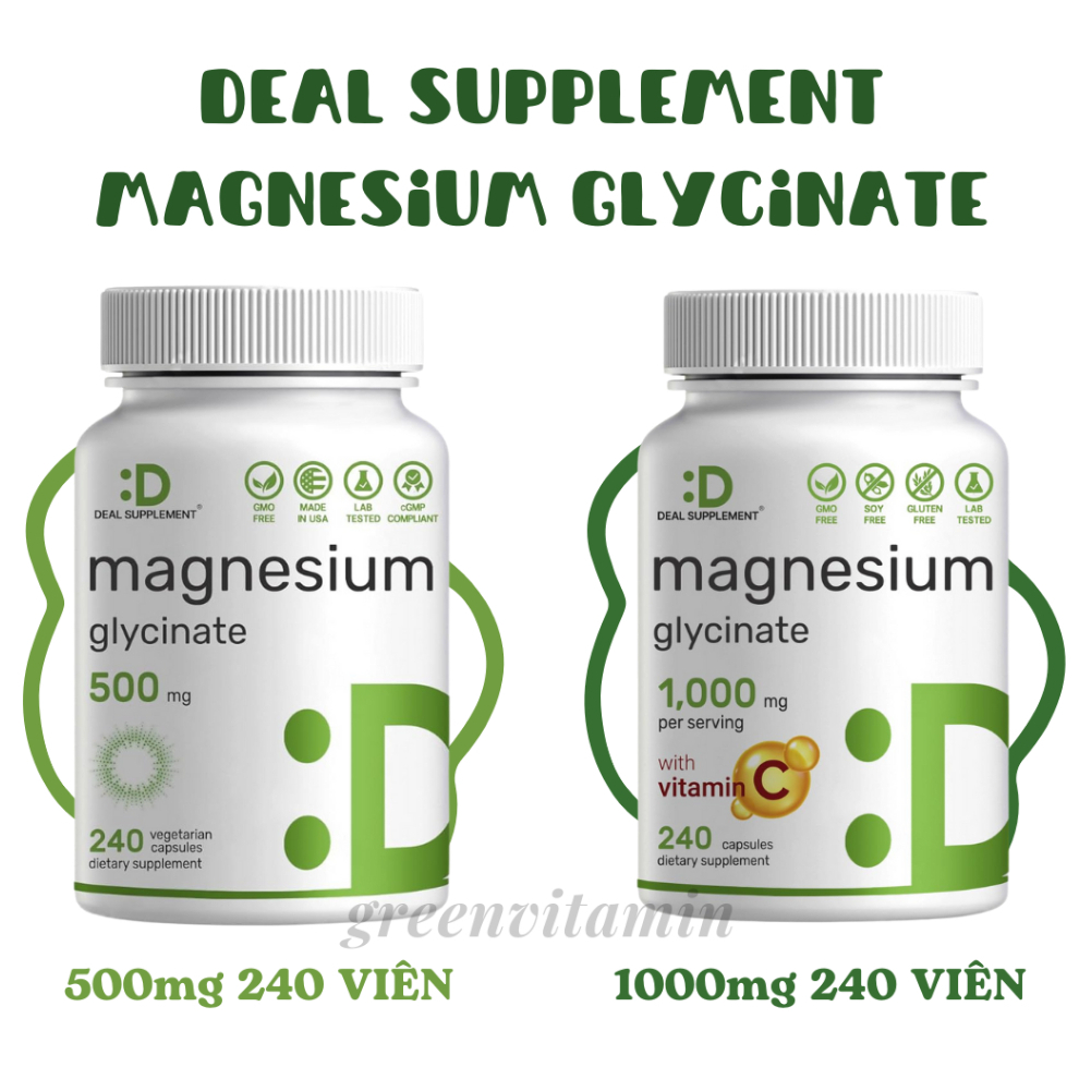 Viên uống Deal Supplement Magnesium Glycinate 1000mg Với Vitamin C, bổ sung Magie hỗ trợ cơ bắp