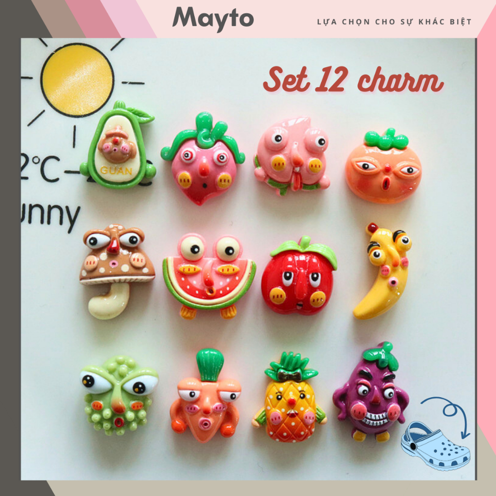 Bộ 12 Sticker, Charm 3D chủ đề trái cây xấu xí Mayto gắn Dép Cross, Dép ...