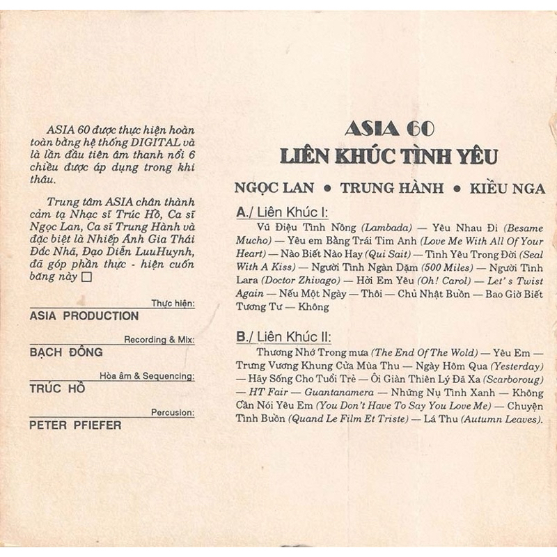 Băng Cassette Liên Khúc Tình Yêu - Ngọc Lan, Trung Hành, Kiều Nga