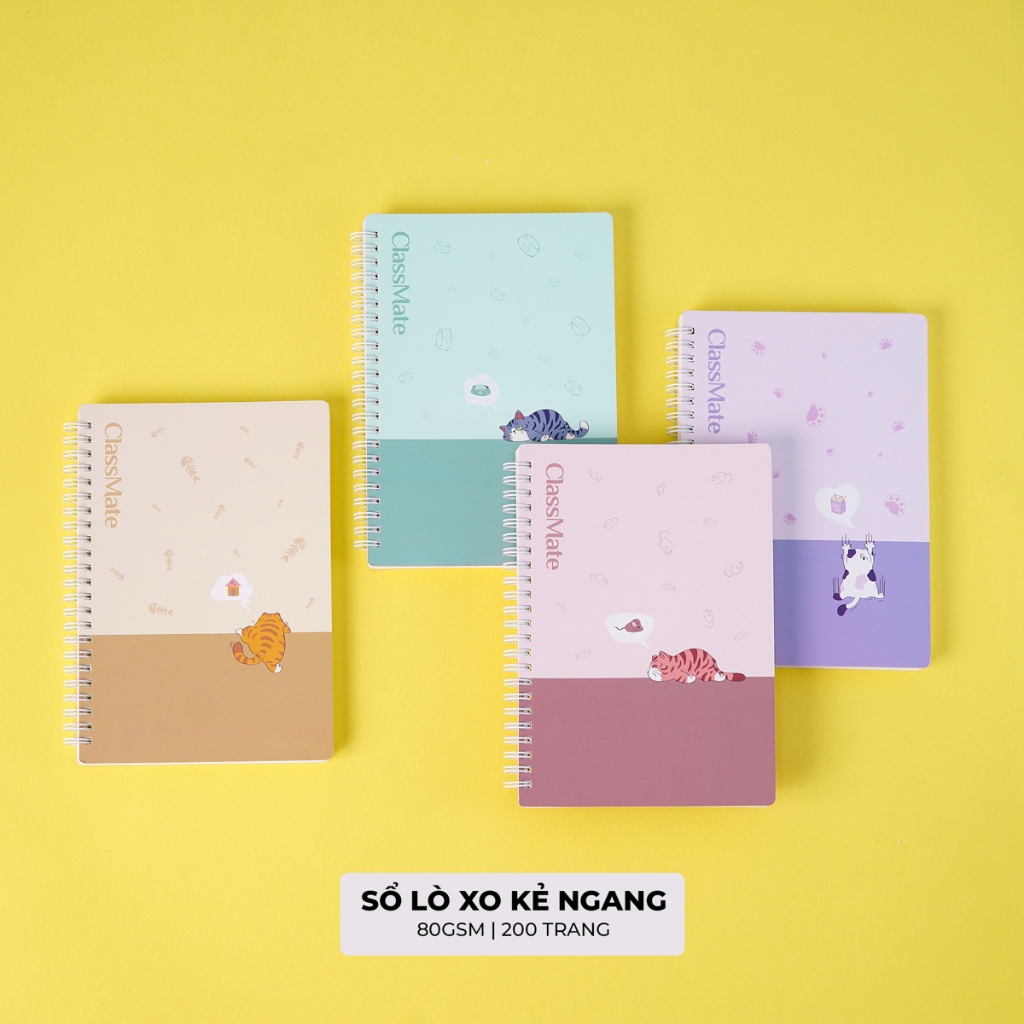 Sổ tay Ghi Chép Classmate Sổ Lò Xo Kẻ Ngang 180/200 Trang, 80GSM Khổ B5/A5/A6/A7 Lazzy Kitten Note Book Nhật Ký Planner
