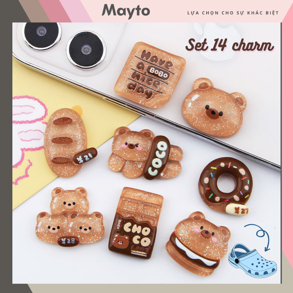Bộ 14 Sticker, Charm 3D chủ đề gấu Choco Mayto gắn Dép Cross, Dép Sục ...