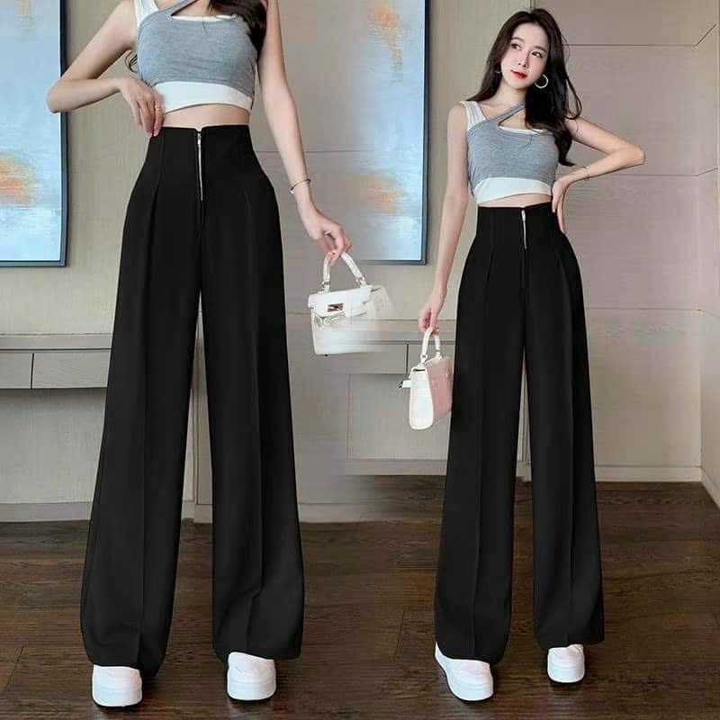 QUẦN Suông ỐNG RỘNG NỮ ĐẸP Lưng CẠP CAO Gen Bụng Khóa Trước,QUầN TÂY Âu DÀI ống Đứng CHẤT RUBY CAO CẤP MÀU ĐEN DNG