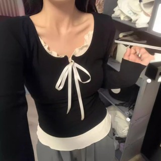 Áo kiểu nữ tay dài coquette cổ tròn thắt nơ giả 2 lớp chất thun tăm mềm phong cách brandy hàn quốc douyin DELIZ