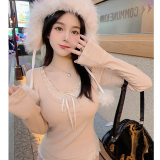 Áo kiểu nữ tay dài coquette cổ tròn thắt nơ giả 2 lớp chất thun tăm mềm phong cách brandy hàn quốc douyin DELIZ
