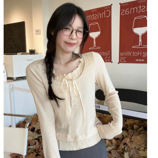 Áo kiểu nữ tay dài coquette cổ tròn thắt nơ giả 2 lớp chất thun tăm mềm phong cách brandy hàn quốc douyin DELIZ