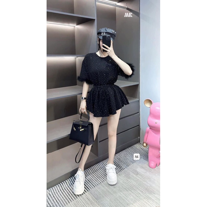 Sét bộ nữ nhung đính đá áo form rộng tay ngắn đính lông phối quần đùi dáng xòe