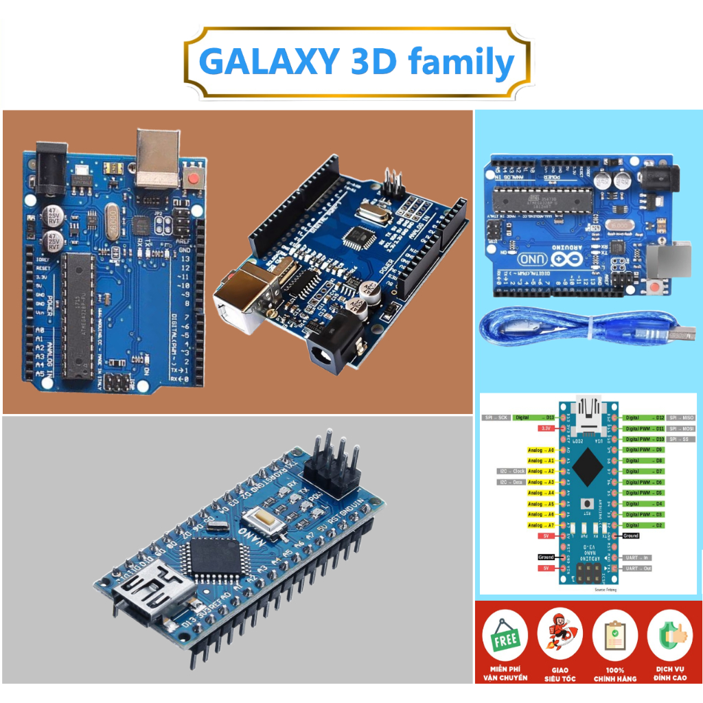 Arduino Uno R3 Chíp Cắm 16u2 Chíp Dán Ch340 Nano V3 Kèm Cáp Shopee