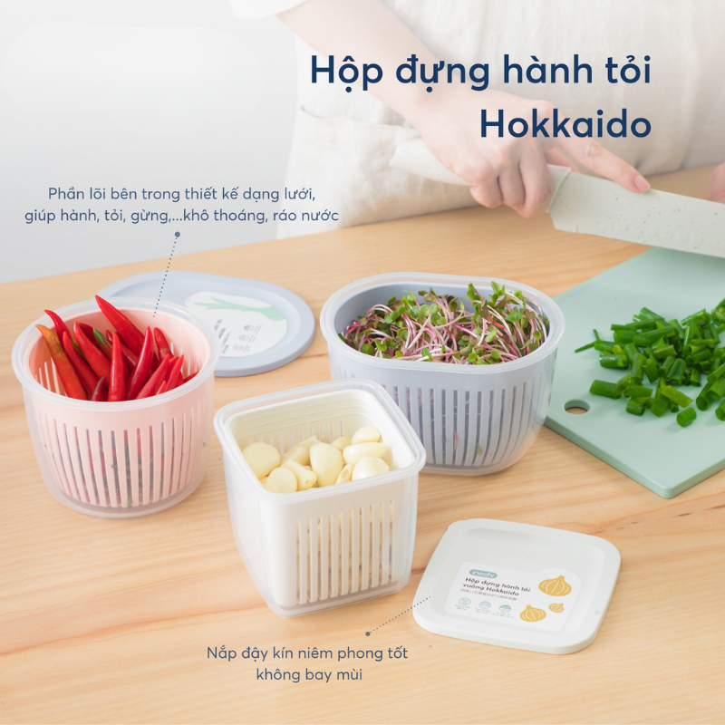 Hộp đựng hành, tỏi, ớt Hokkaido - INOCHI đa dạng màu sắc, hình tròn,vuông và oval