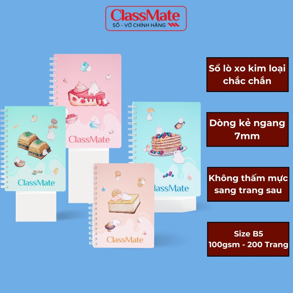 Sổ Lò Xo Kẻ Ngang 200 Trang Classmate Sổ Tay Ghi Chép A5/B5, 100gsm Bìa Bánh Ngọt Sổ Nhật Ký, Planner, Bullet Journal