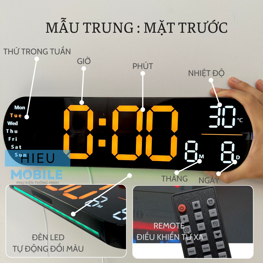 Đồng hồ điện tử màn hình LED hiện đại hình chữ nhật có thứ tuần, ngày, tháng nhiệt độ, độ ẩm dùng treo tường, để bàn