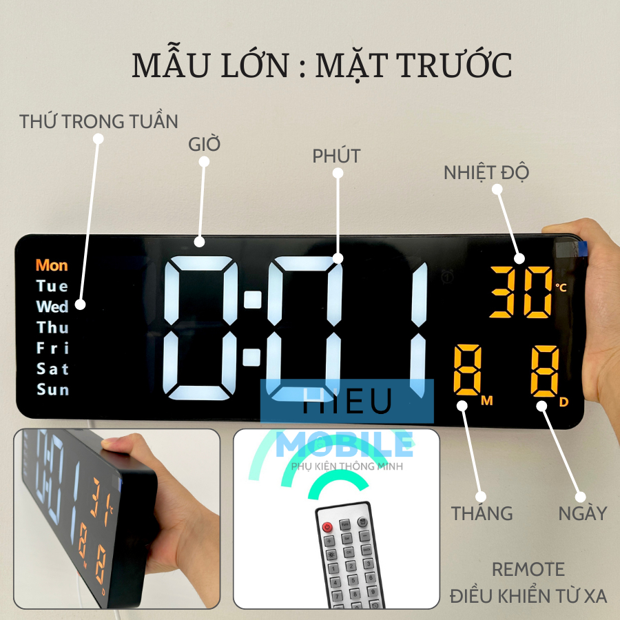 Đồng hồ điện tử màn hình LED hiện đại hình chữ nhật có thứ tuần, ngày, tháng nhiệt độ, độ ẩm dùng treo tường, để bàn