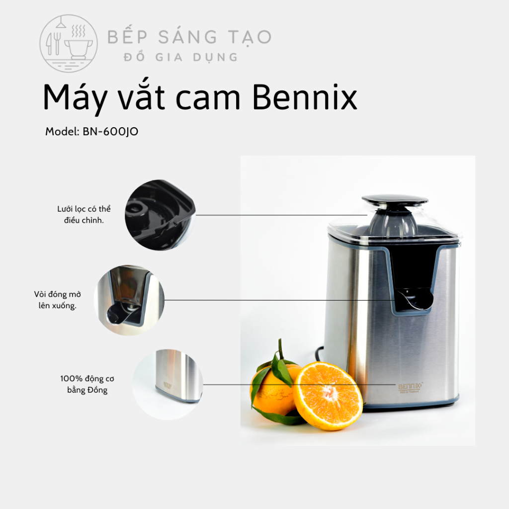 Máy vắt cam Bennix BN-600JO, công suất lớn 600W, máy khỏe, vắt êm, có vòi ra nước đóng mở