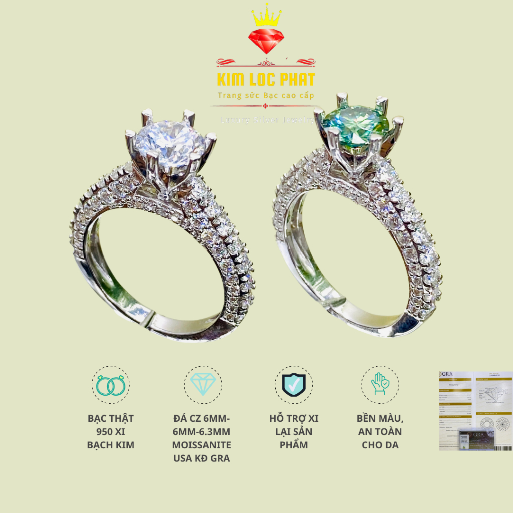 Nhẫn full Moissanite kiểu màu trắng, Nhẫn bạc nữ xi bạch kim, Nhẫn kim cương moissanite, Nhẫn moissanite màu xanh kiểm