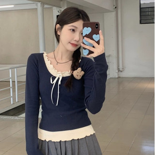 Áo kiểu nữ tay dài coquette cổ tròn thắt nơ giả 2 lớp chất thun tăm mềm phong cách brandy hàn quốc douyin DELIZ