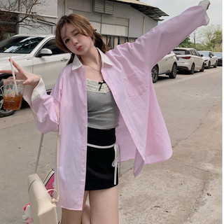 [XẢ HÀNG] Áo sơ mi nữ kẻ sọc màu hồng form rộng khoác ngoài đi biển chống nắng dài tay cổ bẻ basic chất thô DELIZ sm15