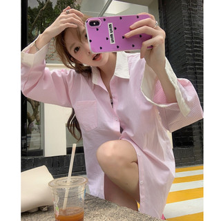 [XẢ HÀNG] Áo sơ mi nữ kẻ sọc màu hồng form rộng khoác ngoài đi biển chống nắng dài tay cổ bẻ basic chất thô DELIZ sm15