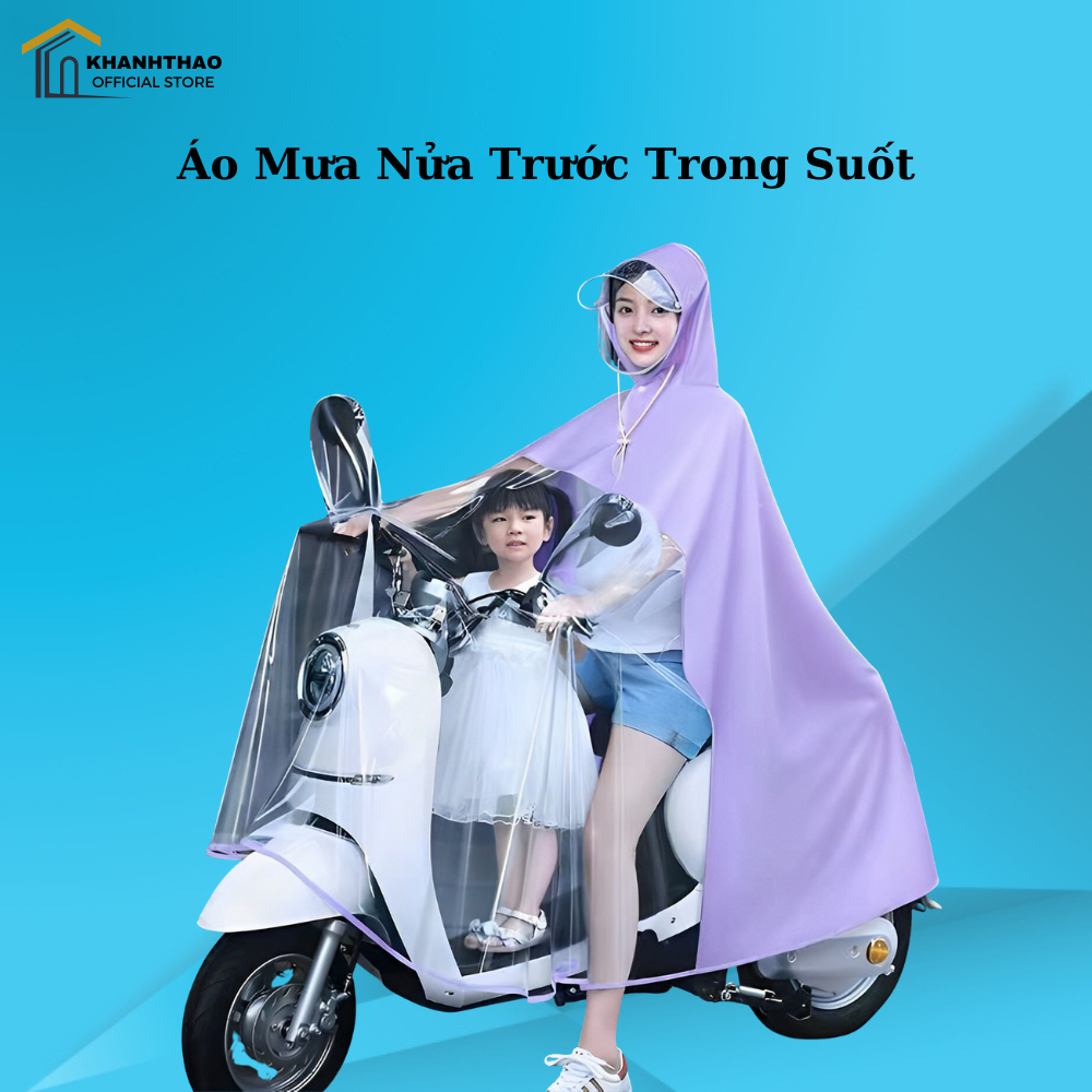 Áo mưa nửa trước trong suốt cho Mẹ và Bé, che phủ toàn thân, kèm kính chắn mưa có thể tháo rời