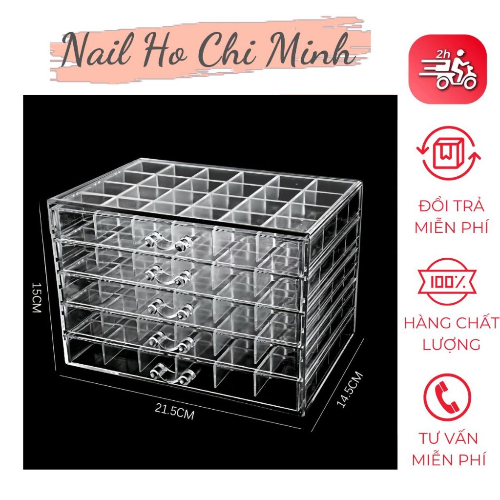 [Sản Phẩm Mới] Khay đựng phụ kiện nail 5 tầng 120 ô đựng đồ trang trí màu đen và trong - khay đựng charm đá nails