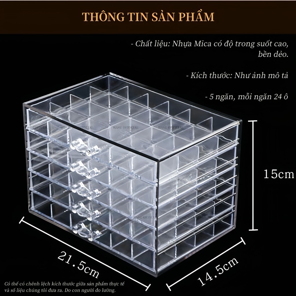 [Sản Phẩm Mới] Khay đựng phụ kiện nail 5 tầng 120 ô đựng đồ trang trí màu đen và trong - khay đựng charm đá nails