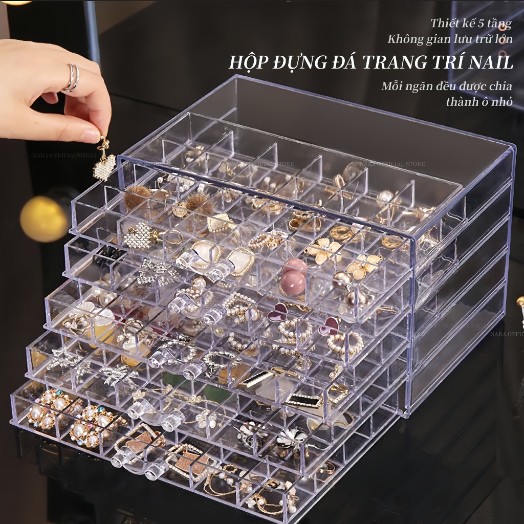 [Sản Phẩm Mới] Khay đựng phụ kiện nail 5 tầng 120 ô đựng đồ trang trí màu đen và trong - khay đựng charm đá nails
