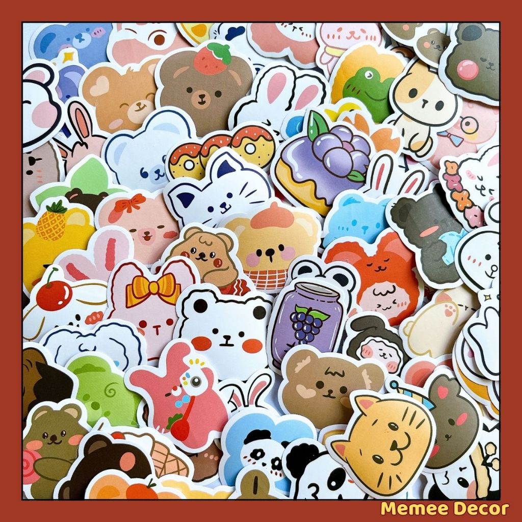 Set 100 chiếc sticker Gấu Thỏ, Mèo, Gấu Trúc cute dán mũ bảo hiểm vali ...