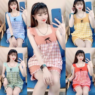 Set đồ bộ ngủ đùi cánh tiên vải lụa hàn họa tiết caro siêu xinh freesize dưới 50kg