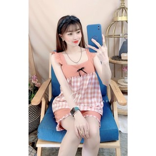 Set đồ bộ ngủ đùi cánh tiên vải lụa hàn họa tiết caro siêu xinh freesize dưới 50kg