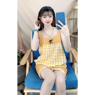 Set đồ bộ ngủ đùi cánh tiên vải lụa hàn họa tiết caro siêu xinh freesize dưới 50kg