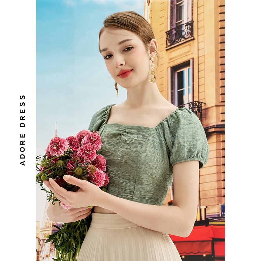 Ảnh Áo kiểu crop poly gân chun lưng Đen/ Cream/ Olive Green 411TO2028 ADORE DRESS 4