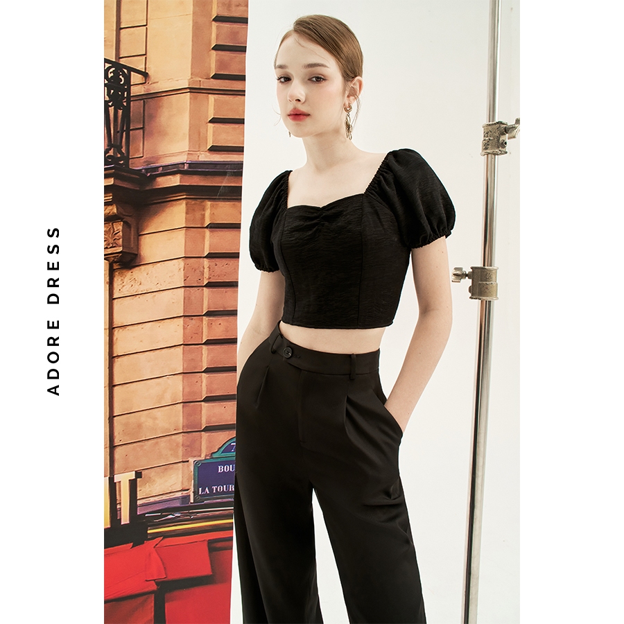 Ảnh Áo kiểu crop poly gân chun lưng Đen/ Cream/ Olive Green 411TO2028 ADORE DRESS 2