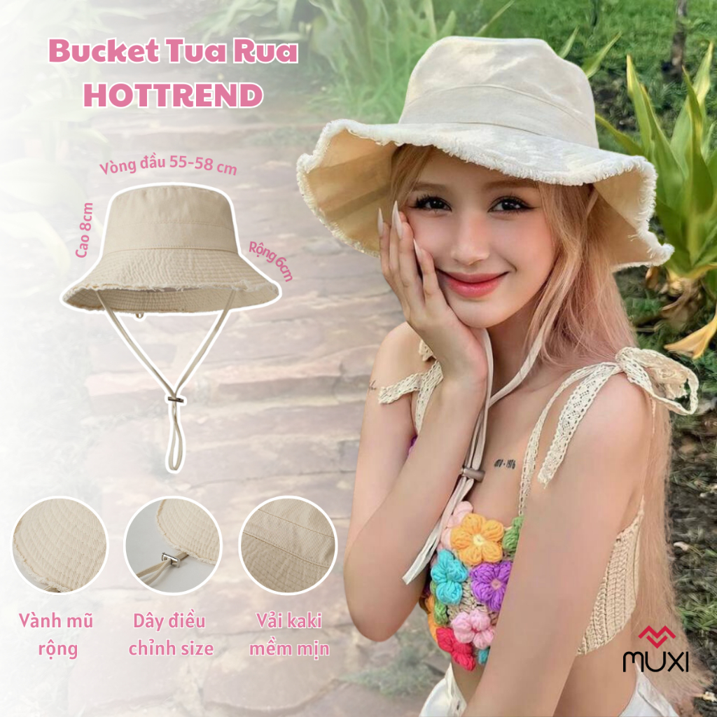 Mũ bucket tua rua trơn vải kaki mềm mịn , nón tai bèo vành rộng cá tính dành cho nữ phong cách thời trang hàn quốc