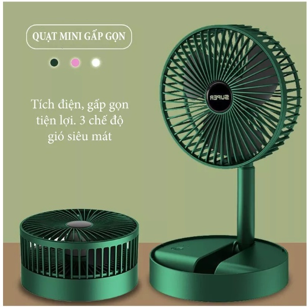 Quạt cầm tay sạc pin gấp gọn, quạt tích điện mini 3 tốc độ gió, quạt mini cầm tay tích điện để bàn
