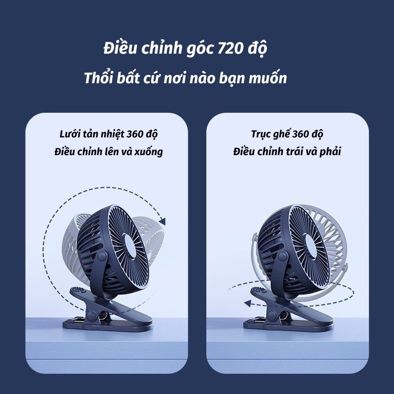 Quạt mini cầm tay Quạt có thể kẹp/ quạt kẹp quạt sạc mini để bàn 1500 mAh có thể xoay 720 độ mọi hướng