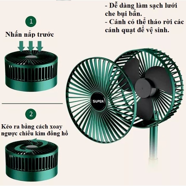 Quạt cầm tay sạc pin gấp gọn, quạt tích điện mini 3 tốc độ gió, quạt mini cầm tay tích điện để bàn