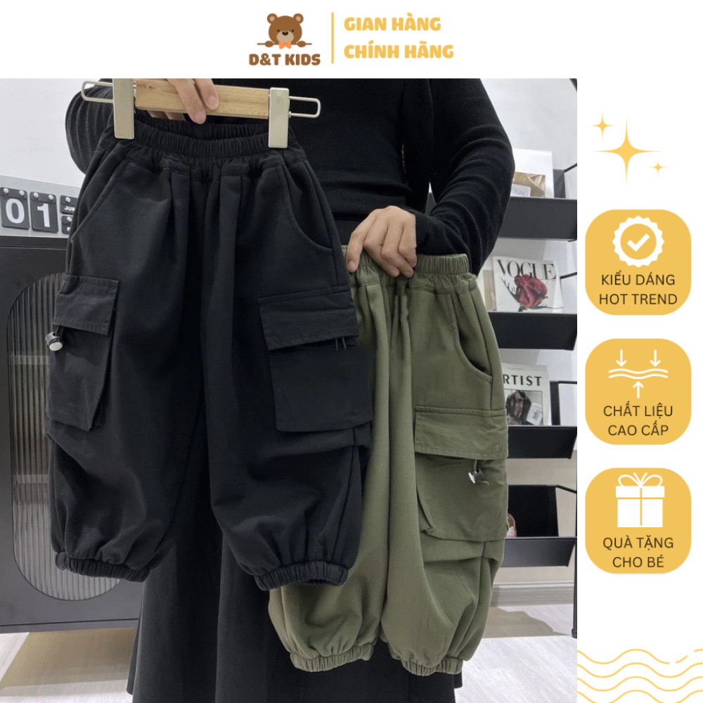 Quần kaki QK1 dài túi hộp cho bé trai 2-8 tuổi (9-24kg), quần dài trẻ em màu đen, màu rêu siêu chất | D&T KIDS