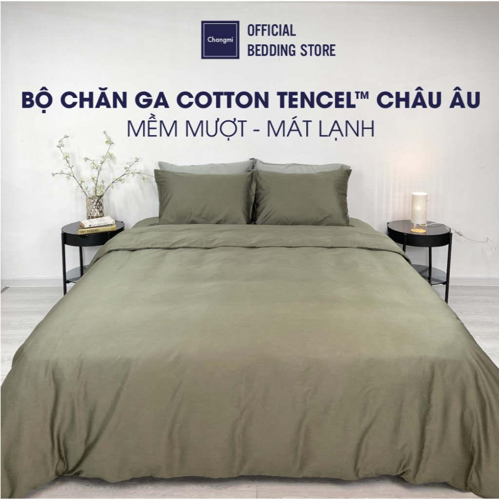 Ảnh Bộ chăn ga lụa Tencel Cotton (Áo) Changmi Bedding 60S dày đặn, siêu mềm mượt và mát lạnh - Xanh Army 1