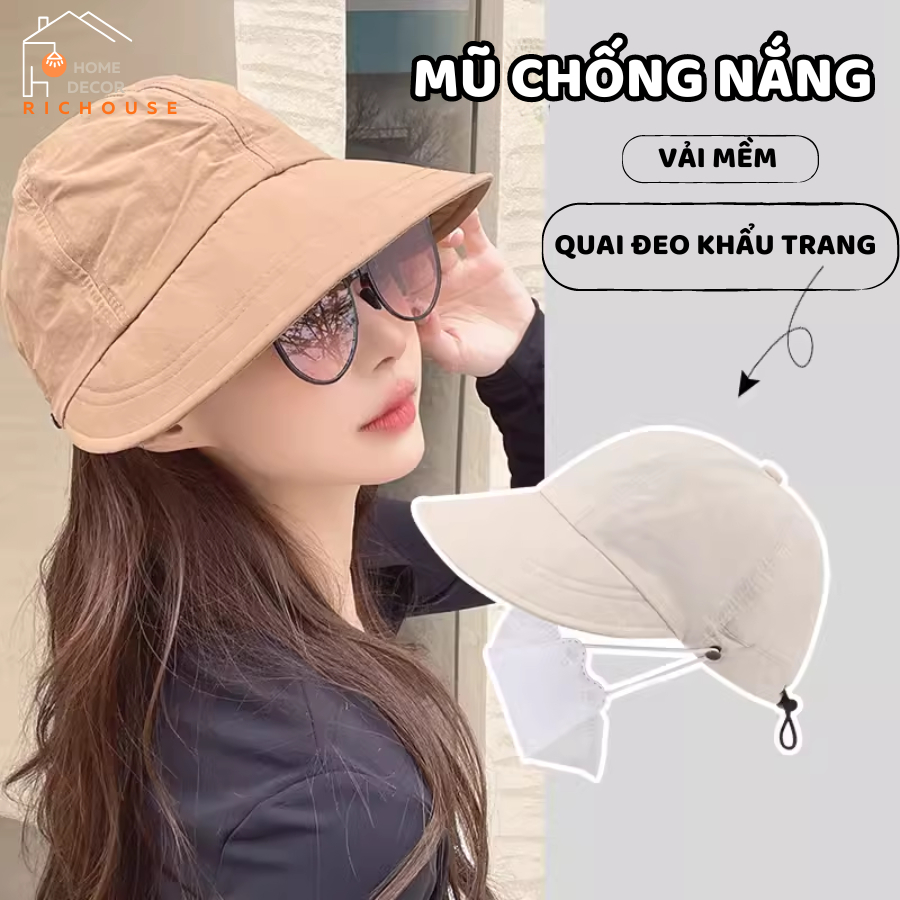 Mũ chống nắng Hàn Quốc, Nón vành rộng có móc đeo khẩu trang, chất liệu vải Acrylic thoáng mát