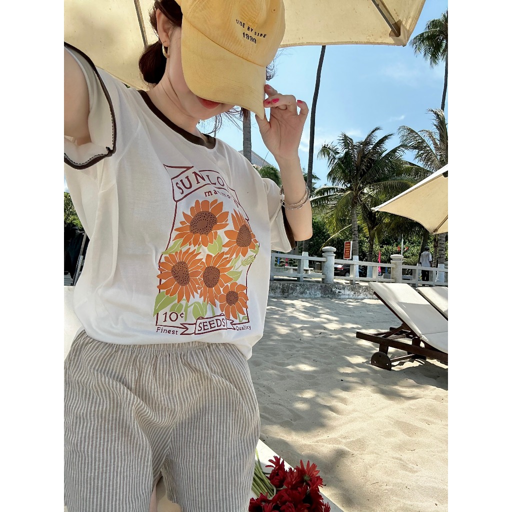Sét đồ nữ áo ngắn tay in hình, quần đùi linnen JULY, sét bộ, đồ bộ nữ mặc nhà hình hoa hướng dương, mặc đi chơi mát mẻ