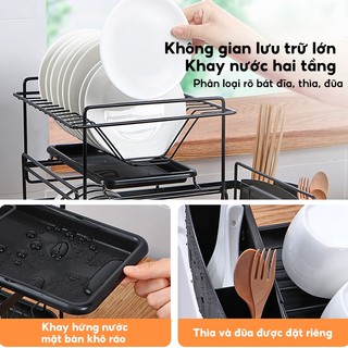 Kệ Úp Chén Bát Có cửa xả nước 2 Tầng Kệ Để Chén Bát Đĩa Giá Để Bát Đĩa Thép Cacbon