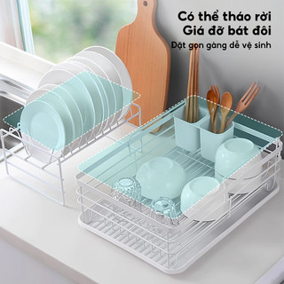 Kệ Úp Chén Bát Có cửa xả nước 2 Tầng Kệ Để Chén Bát Đĩa Giá Để Bát Đĩa Thép Cacbon