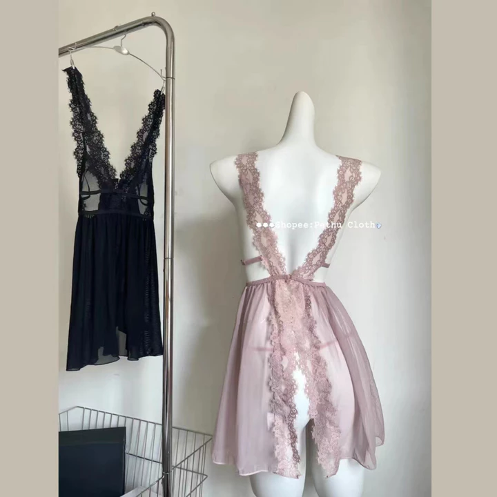 (Giao hàng bảo mật)🖤Váy ngủ sexy gợi cảm🖤Freeship🖤Đồ ngủ sexy váy đen mỏng xuyên thấu hở ngực kèm quần chip--001