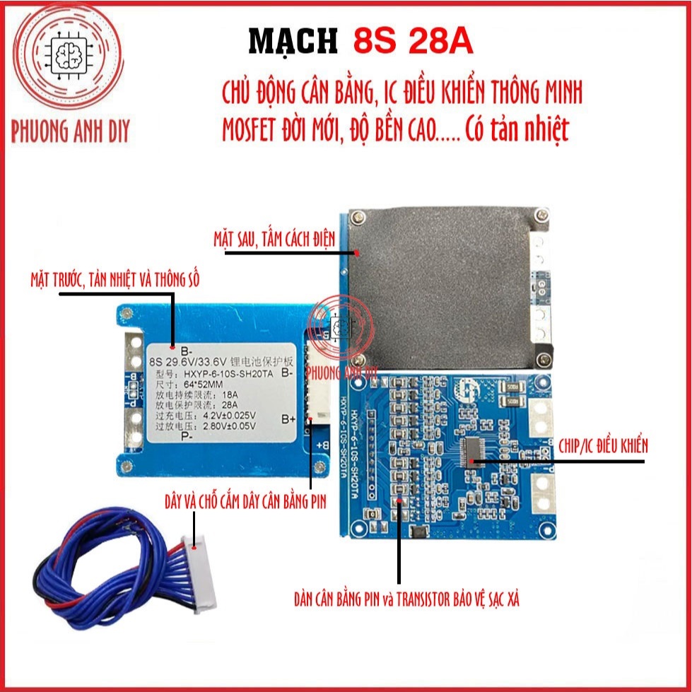 Mạch 8S 29.6V/ 33.6V 28A, có cân bằng, có IC điều khiển, bảo vệ sạc xả ...