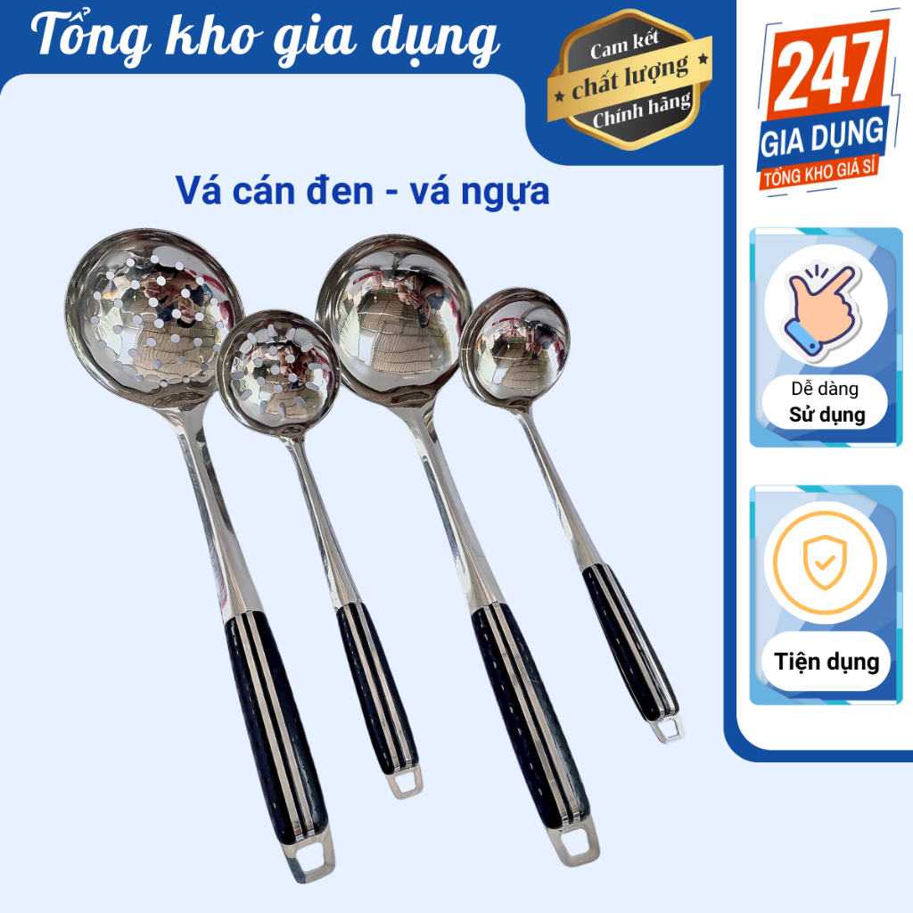 Vá múc canh inox cán đen, Vá đặc, Vá lỗ cách nhiệt tiện lợi | Shopee ...
