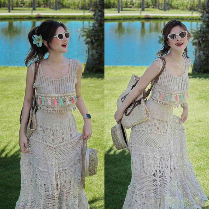 Set ren sợi đi biển nàng thơ 2 món áo croptop kèm chân váy dài A
