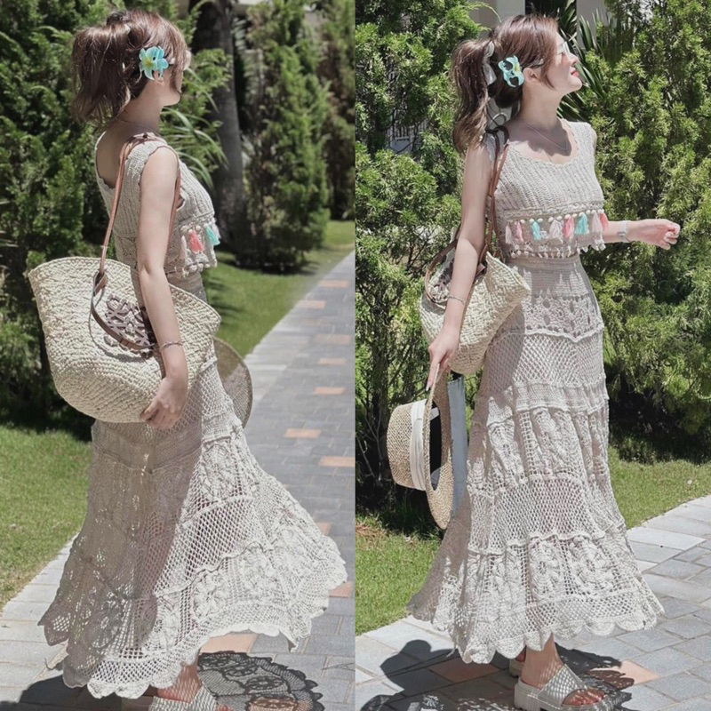 Set ren sợi đi biển nàng thơ 2 món áo croptop kèm chân váy dài A