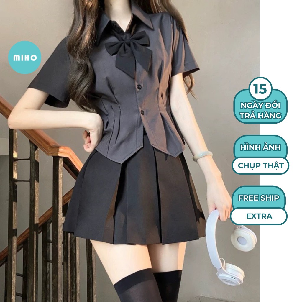 Set Áo Sơ Mi Chân Váy Xếp Ly, Set Chân Váy Nữ Áo Somi Cộc Tay Kiểu ...