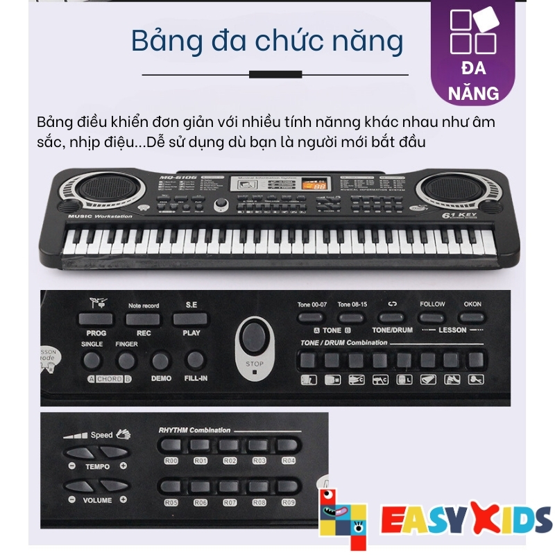Đàn Ghita Đàn Piano organ Điện Tử Đồ Chơi Cho Bé 61 Phím Sạc Có Mic, Dây Sạc USB