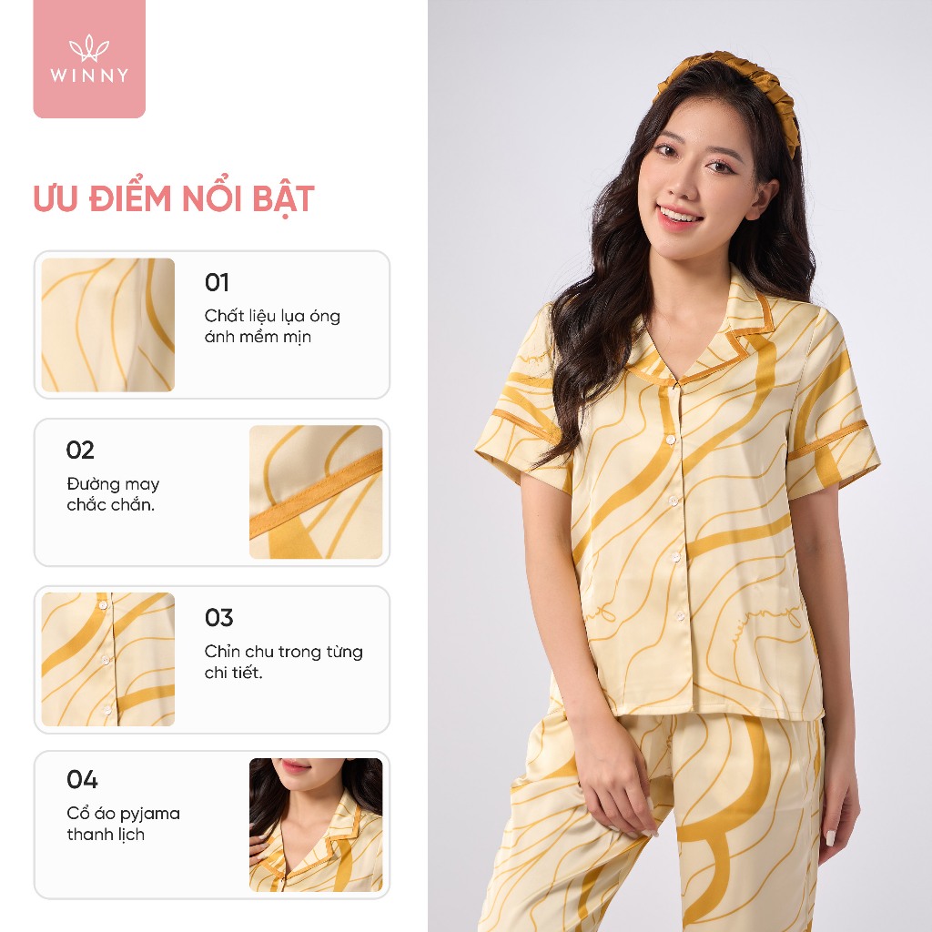 Ảnh Bộ Mặc Nhà Nữ WINNY Đồ Ngủ Kiểu Pijama Cộc Tay Quần Dài Chất Lụa Satin Mềm Mại 1MNSA23116D 1