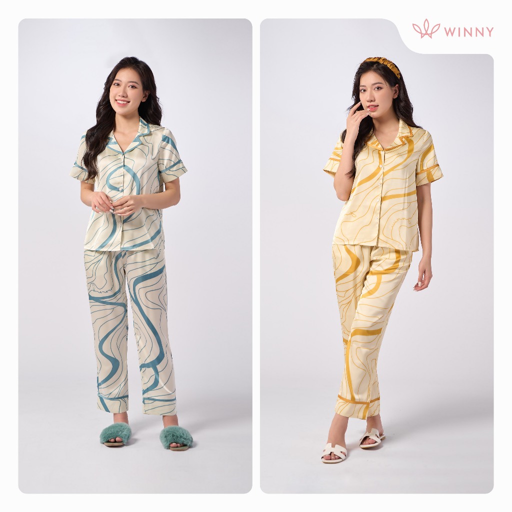 Ảnh Bộ Mặc Nhà Nữ WINNY Đồ Ngủ Kiểu Pijama Cộc Tay Quần Dài Chất Lụa Satin Mềm Mại 1MNSA23116D 2